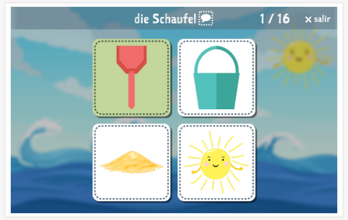 Prueba de idioma (lectura y comprensión auditiva) del tema Playa de la aplicación alemán para niños