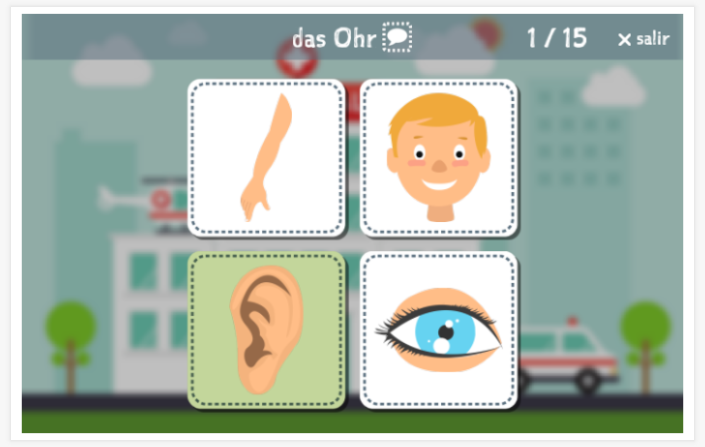Prueba de idioma (lectura y comprensión auditiva) del tema Cuerpo de la aplicación alemán para niños
