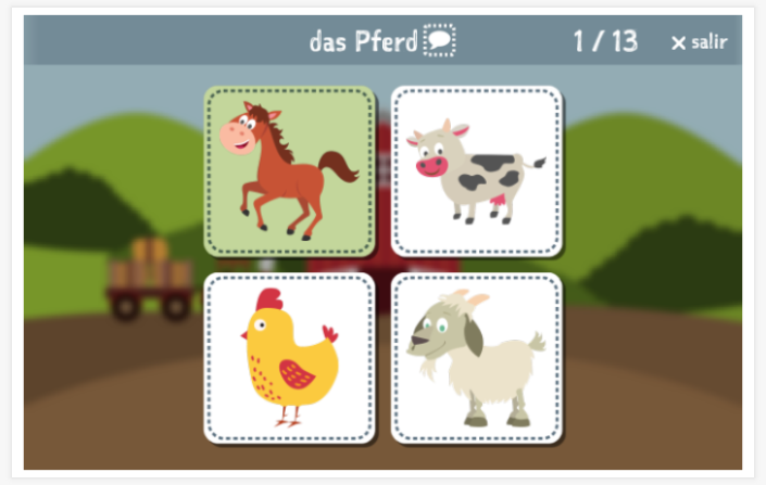 Prueba de idioma (lectura y comprensión auditiva) del tema Granja de la aplicación alemán para niños
