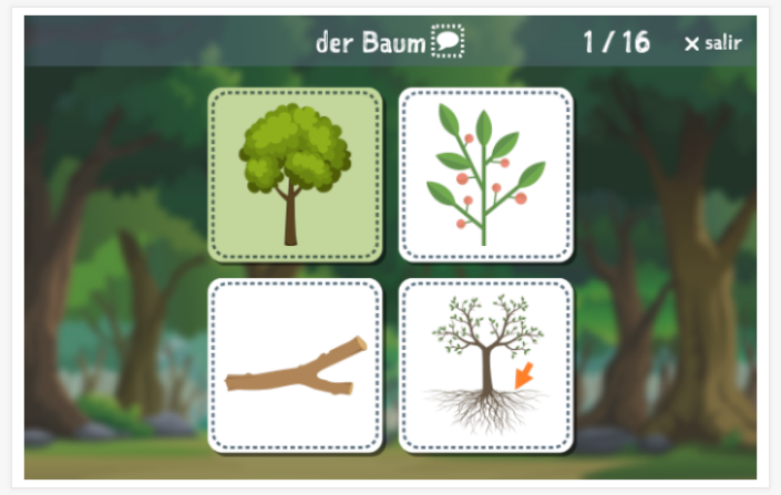 Prueba de idioma (lectura y comprensión auditiva) del tema Bosque de la aplicación alemán para niños