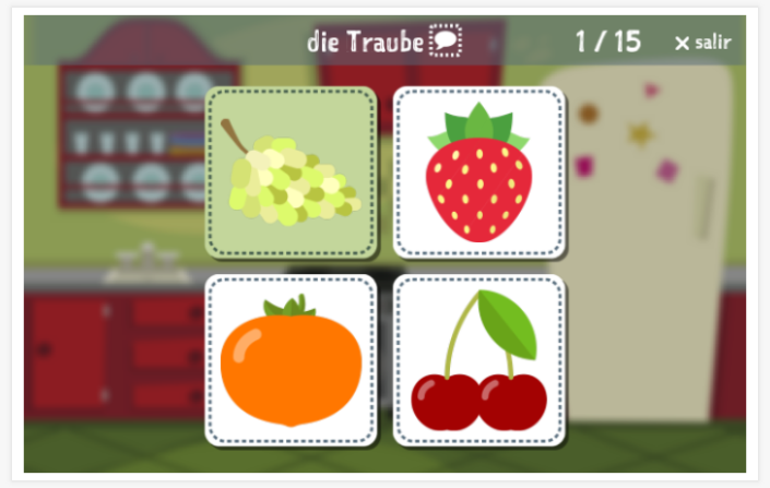 Prueba de idioma (lectura y comprensión auditiva) del tema Fruta de la aplicación alemán para niños