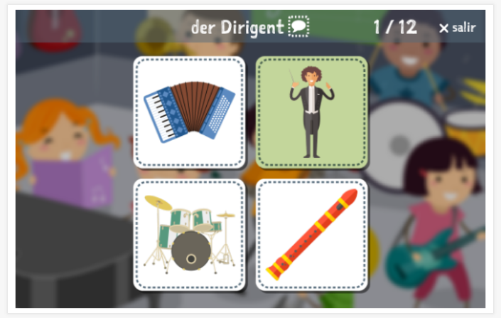 Prueba de idioma (lectura y comprensión auditiva) del tema Música de la aplicación alemán para niños