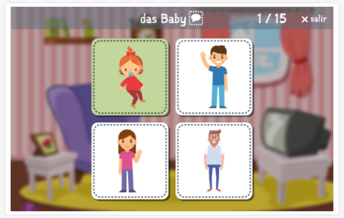 Prueba de idioma (lectura y comprensión auditiva) del tema Personas de la aplicación alemán para niños