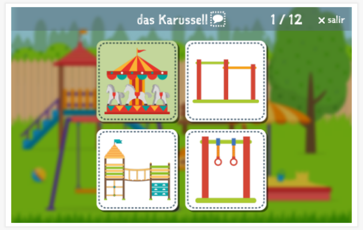 Prueba de idioma (lectura y comprensión auditiva) del tema Área de juegos de la aplicación alemán para niños