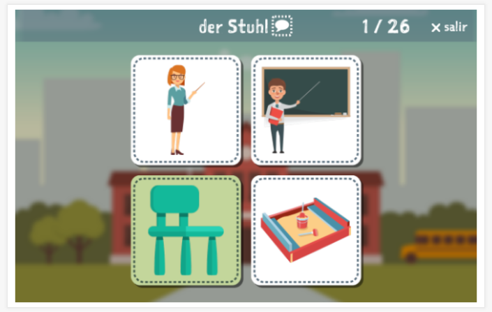 Prueba de idioma (lectura y comprensión auditiva) del tema Escuela de la aplicación alemán para niños