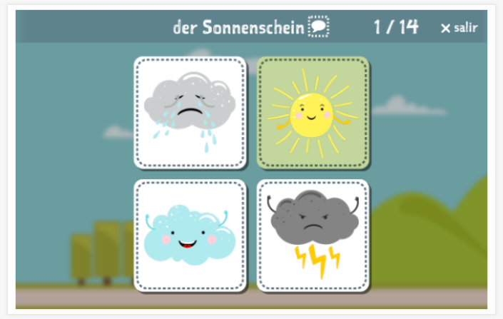 Prueba de idioma (lectura y comprensión auditiva) del tema Estaciones y clima de la aplicación alemán para niños