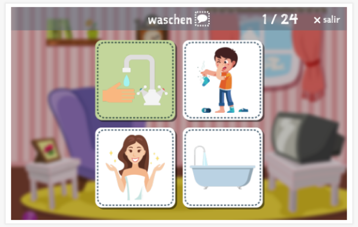 Prueba de idioma (lectura y comprensión auditiva) del tema Lavarse y orinar de la aplicación alemán para niños