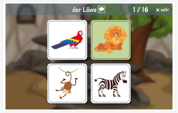 Prueba de idioma (lectura y comprensión auditiva) del tema Zoológico de la aplicación alemán para niños