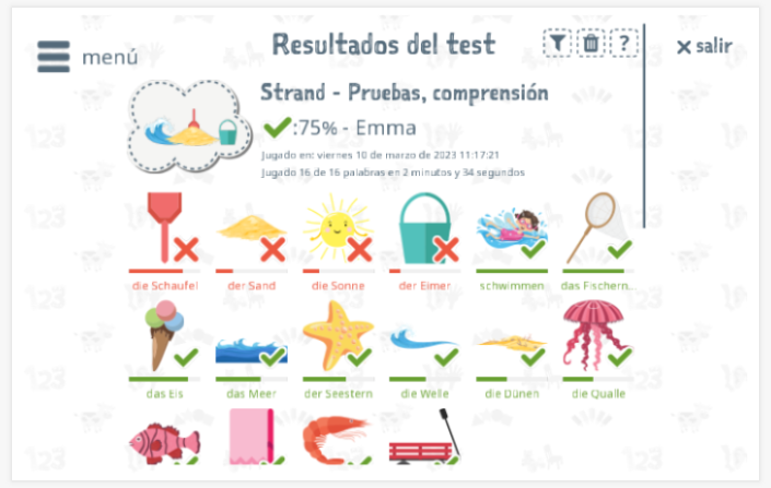 Los resultados de las pruebas proporcionan información sobre el conocimiento del vocabulario del tema Playa