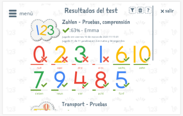 Los resultados de las pruebas proporcionan información sobre el conocimiento del vocabulario del tema Números
