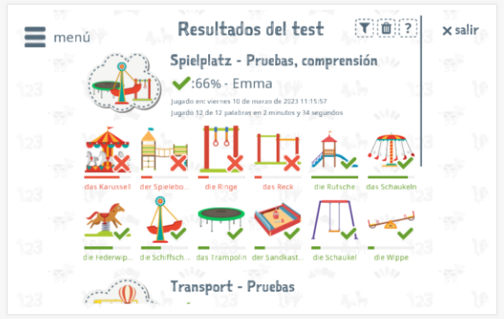 Los resultados de las pruebas proporcionan información sobre el conocimiento del vocabulario del tema Área de juegos