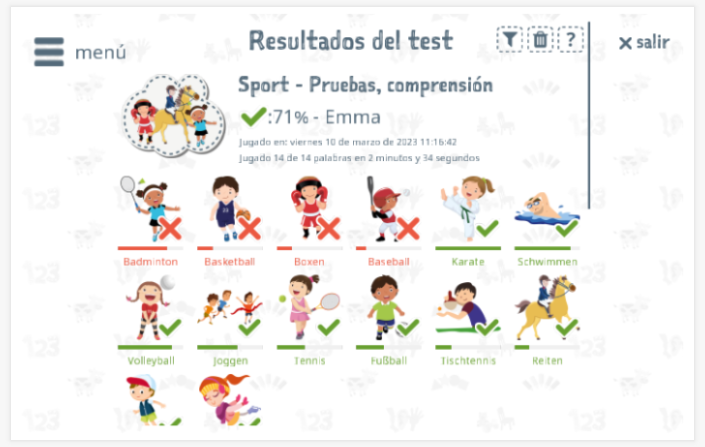 Los resultados de las pruebas proporcionan información sobre el conocimiento del vocabulario del tema Deporte