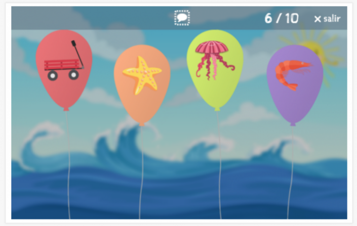 Juego de globos del tema Playa de la aplicación inglés para niños