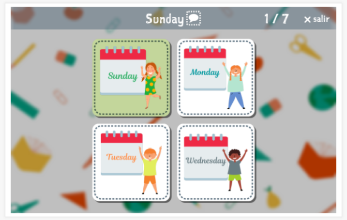 Prueba de idioma (lectura y comprensión auditiva) del tema Días de la semana de la aplicación inglés para niños