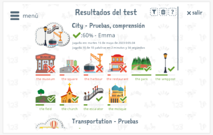 Los resultados de las pruebas proporcionan información sobre el conocimiento del vocabulario del tema Ciudad