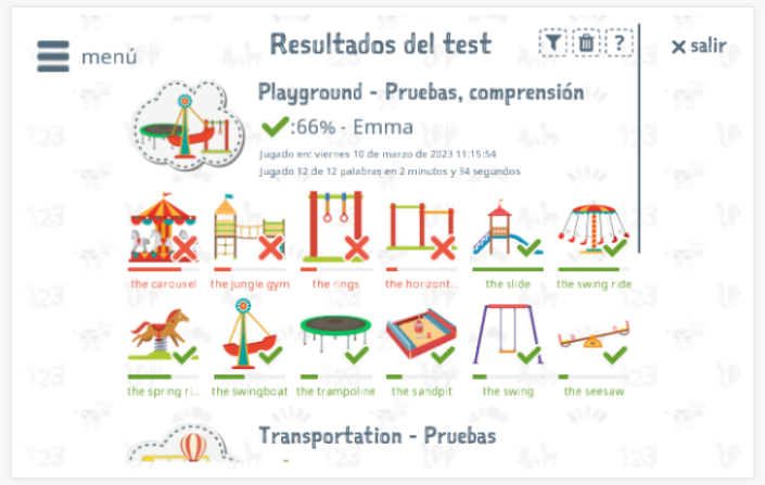 Los resultados de las pruebas proporcionan información sobre el conocimiento del vocabulario del tema Área de juegos