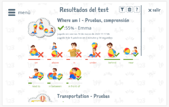 Los resultados de las pruebas proporcionan información sobre el conocimiento del vocabulario del tema Dónde estoy