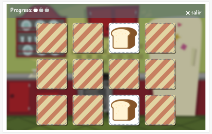 Juego de memoria del tema Comidas y bebidas de la aplicación esperanto para niños