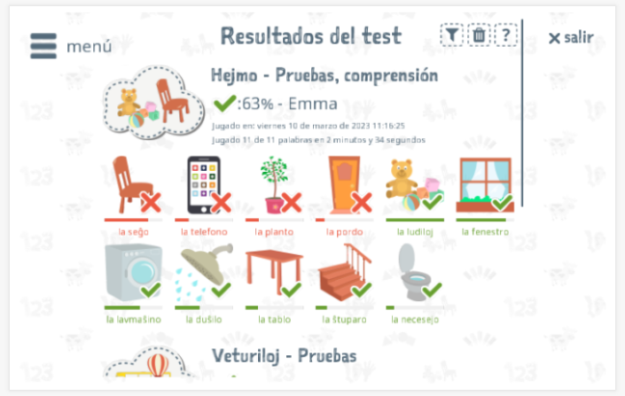 Los resultados de las pruebas proporcionan información sobre el conocimiento del vocabulario del tema Hogar