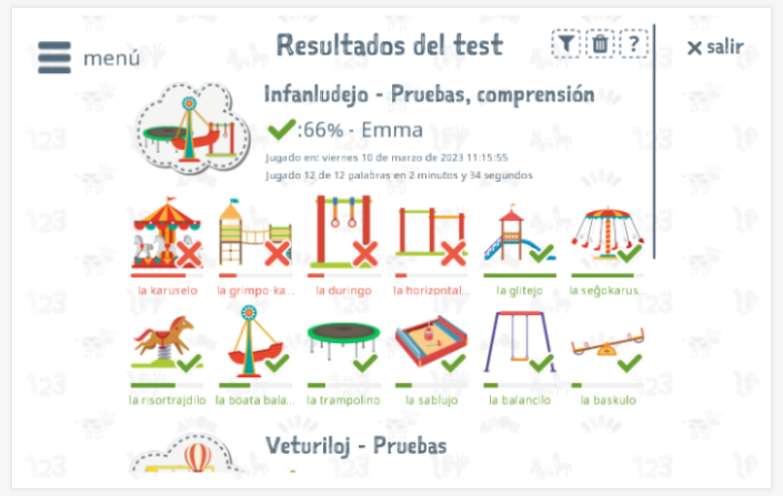 Los resultados de las pruebas proporcionan información sobre el conocimiento del vocabulario del tema Área de juegos