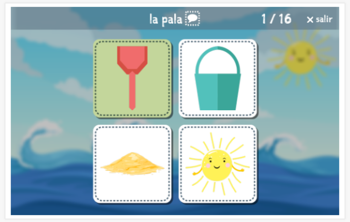 Prueba de idioma (lectura y comprensión auditiva) del tema Playa de la aplicación español para niños