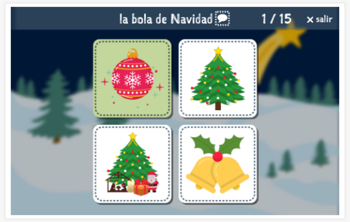 Prueba de idioma (lectura y comprensión auditiva) del tema Navidad de la aplicación español para niños