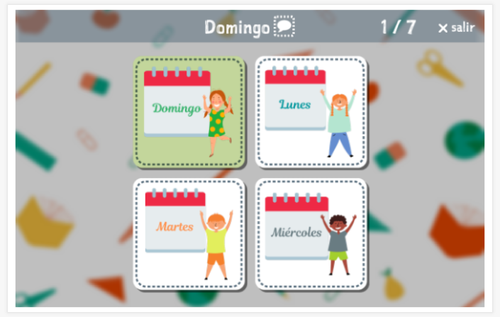 Prueba de idioma (lectura y comprensión auditiva) del tema Días de la semana de la aplicación español para niños