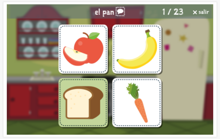 Prueba de idioma (lectura y comprensión auditiva) del tema Comidas y bebidas de la aplicación español para niños