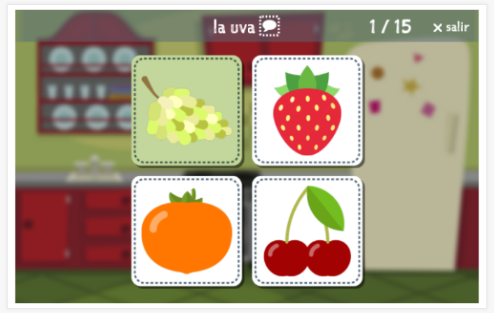 Prueba de idioma (lectura y comprensión auditiva) del tema Fruta de la aplicación español para niños