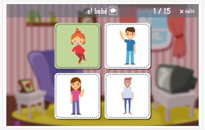 Prueba de idioma (lectura y comprensión auditiva) del tema Personas de la aplicación español para niños
