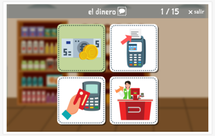 Prueba de idioma (lectura y comprensión auditiva) del tema Compras de la aplicación español para niños