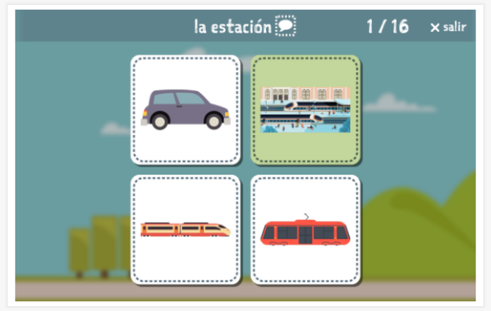 Prueba de idioma (lectura y comprensión auditiva) del tema Transporte de la aplicación español para niños