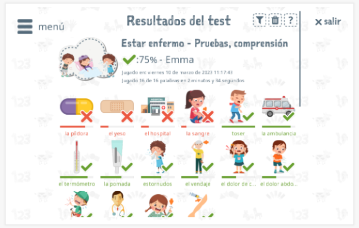 Los resultados de las pruebas proporcionan información sobre el conocimiento del vocabulario del tema Estar enfermo