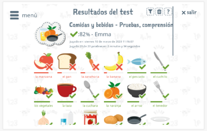 Los resultados de las pruebas proporcionan información sobre el conocimiento del vocabulario del tema Comidas y bebidas