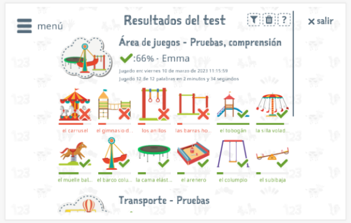 Los resultados de las pruebas proporcionan información sobre el conocimiento del vocabulario del tema Área de juegos