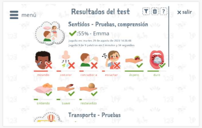 Los resultados de las pruebas proporcionan información sobre el conocimiento del vocabulario del tema Sentidos