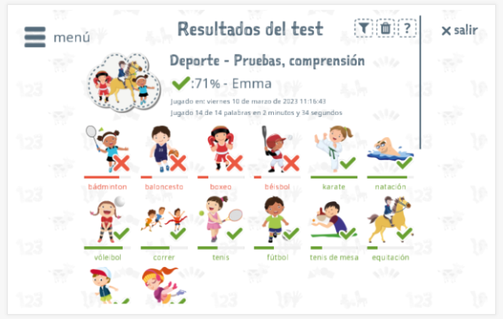 Los resultados de las pruebas proporcionan información sobre el conocimiento del vocabulario del tema Deporte
