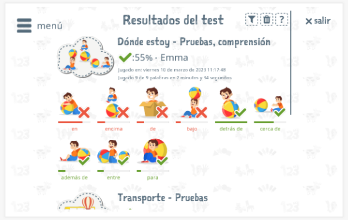 Los resultados de las pruebas proporcionan información sobre el conocimiento del vocabulario del tema Dónde estoy