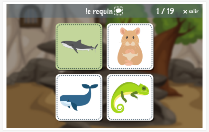 Prueba de idioma (lectura y comprensión auditiva) del tema Animales de la aplicación francés para niños