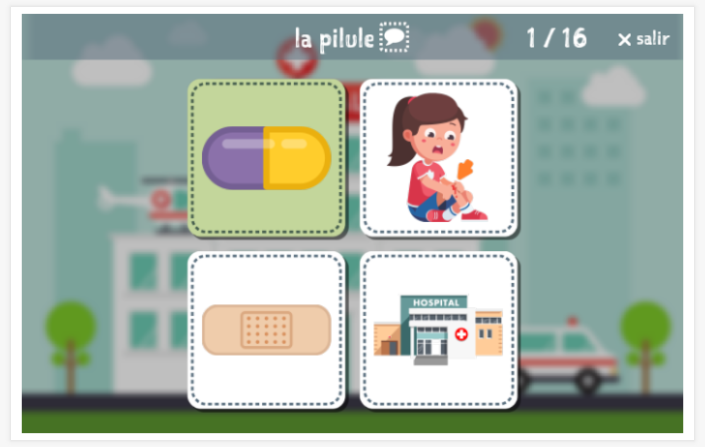 Prueba de idioma (lectura y comprensión auditiva) del tema Estar enfermo de la aplicación francés para niños
