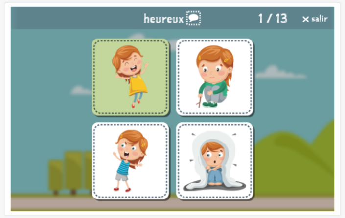 Prueba de idioma (lectura y comprensión auditiva) del tema Emociones de la aplicación francés para niños