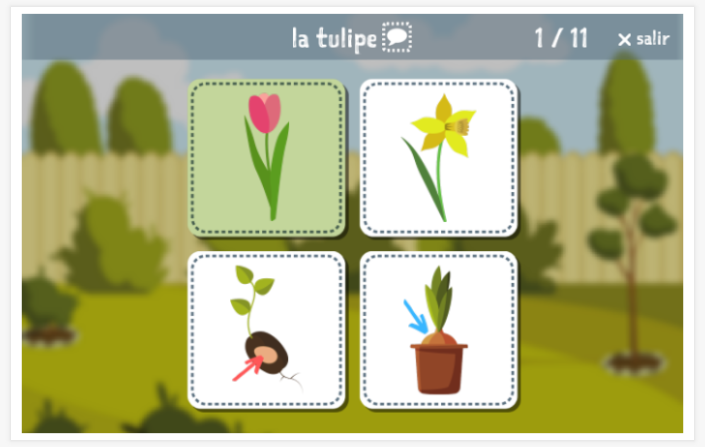 Prueba de idioma (lectura y comprensión auditiva) del tema Jardín de la aplicación francés para niños