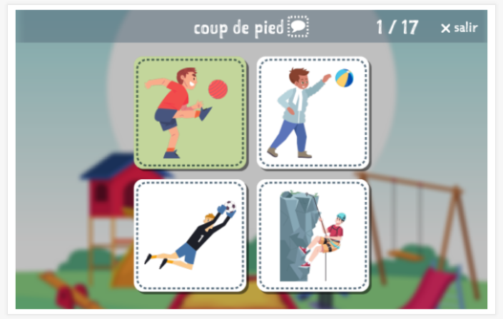 Prueba de idioma (lectura y comprensión auditiva) del tema Mover de la aplicación francés para niños