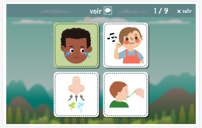 Prueba de idioma (lectura y comprensión auditiva) del tema Sentidos de la aplicación francés para niños