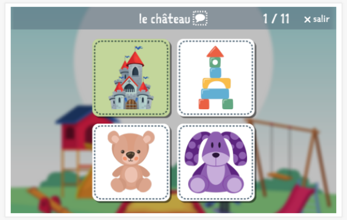 Prueba de idioma (lectura y comprensión auditiva) del tema Juguetes de la aplicación francés para niños