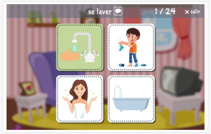 Prueba de idioma (lectura y comprensión auditiva) del tema Lavarse y orinar de la aplicación francés para niños