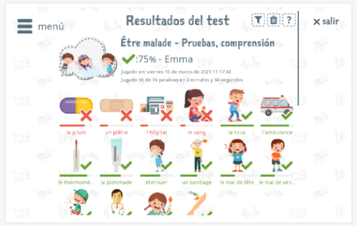 Los resultados de las pruebas proporcionan información sobre el conocimiento del vocabulario del tema Estar enfermo