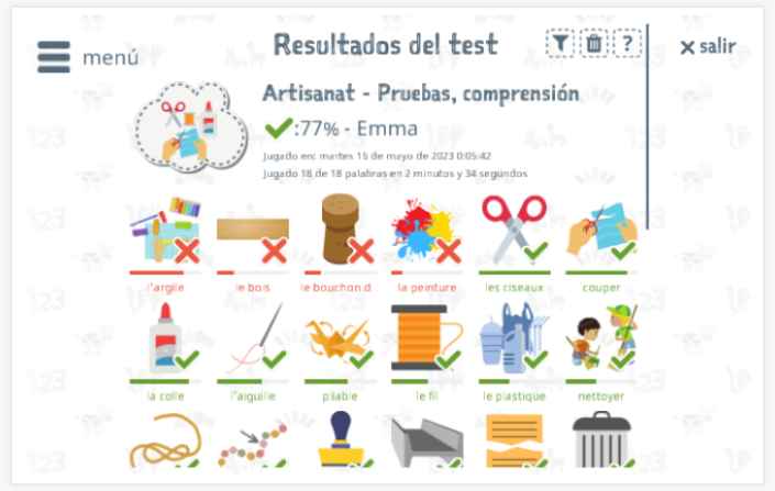 Los resultados de las pruebas proporcionan información sobre el conocimiento del vocabulario del tema Tinkering