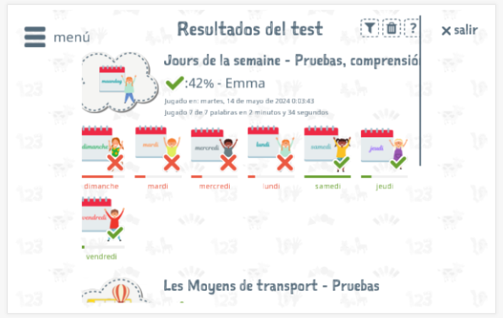 Los resultados de las pruebas proporcionan información sobre el conocimiento del vocabulario del tema Días de la semana