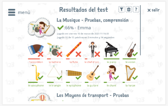 Los resultados de las pruebas proporcionan información sobre el conocimiento del vocabulario del tema Música